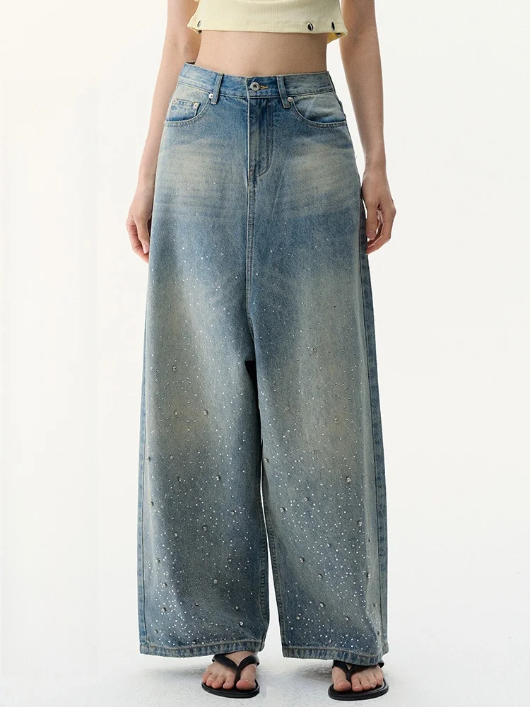 

Джинсовые прямые брюки с завышенной талией, свободный крой, блестящий дизайн, американские джинсы с высокой талией для молодых женщин, летний сезон