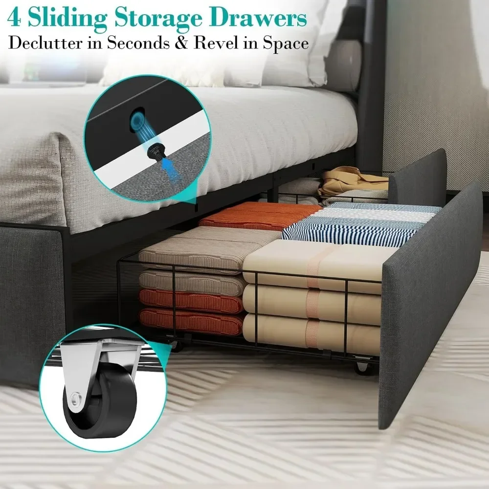 

Queen Size Bed Frame with 4 Storage Drawers and LED Lights, Queen Bed Frame with Upholstered Headboard and Charging Station, Ste