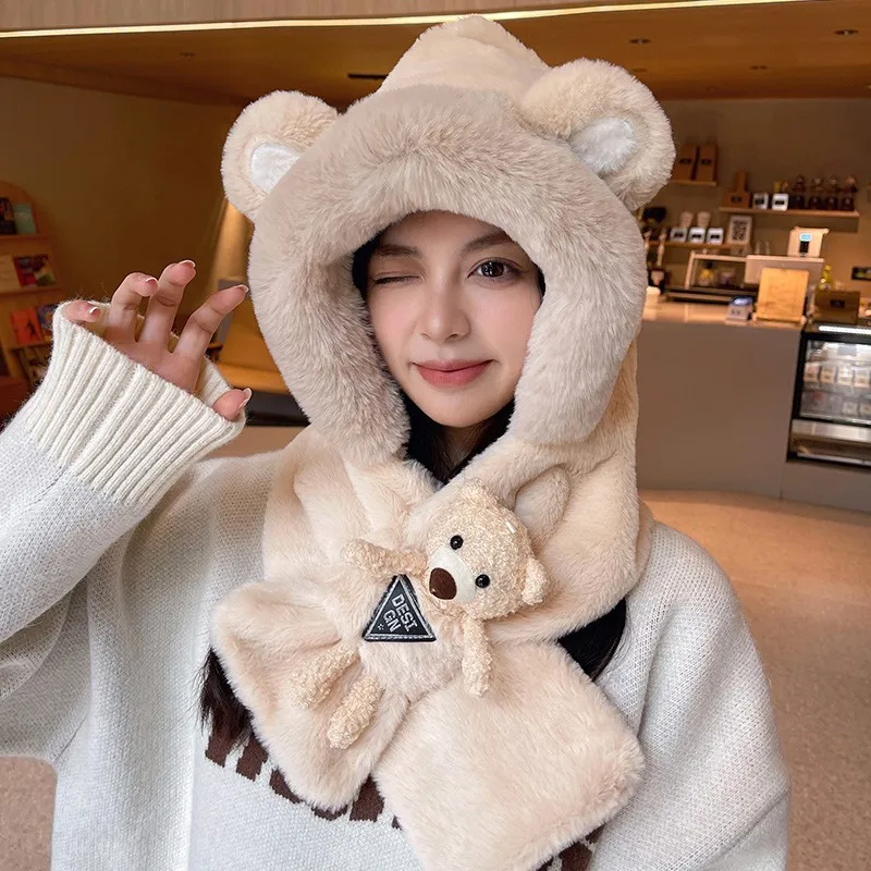 Cute Teddy Bear Women's Ear Protection Hat Winter Warm Hat with Ear Protection Device, Suitable for Autumn and Winter Gifts