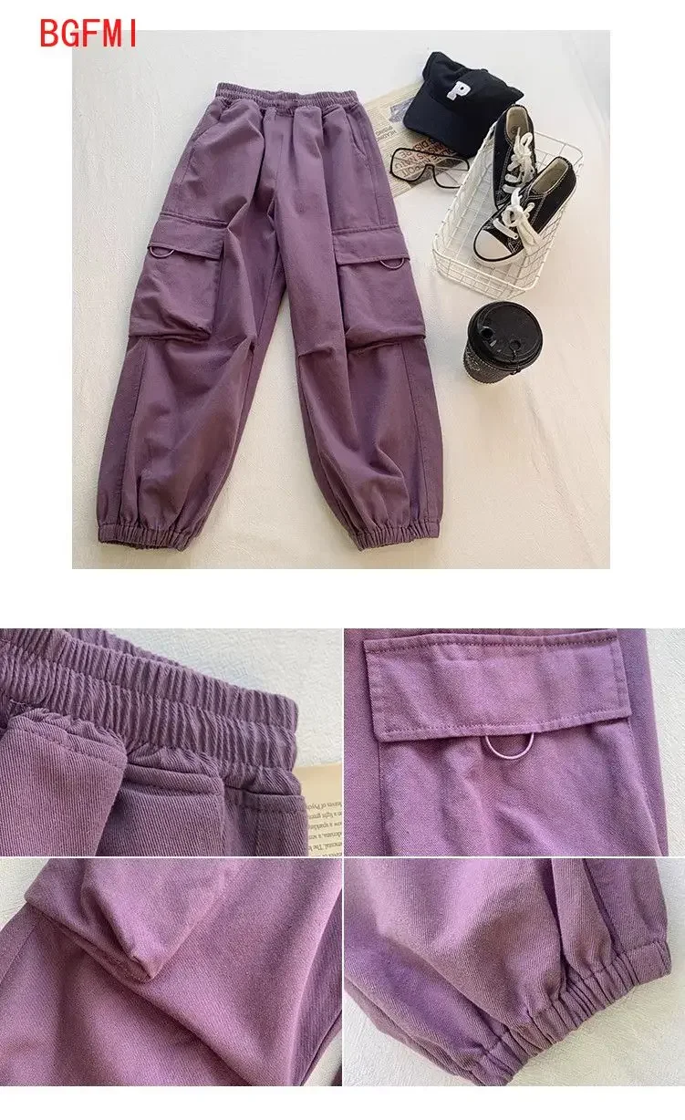 Girls Purple Casual Pants Big Children\'s Clothing Korean Black Cargo Long Pants Girls 2024 Spring Fashion New Cotton Trousers