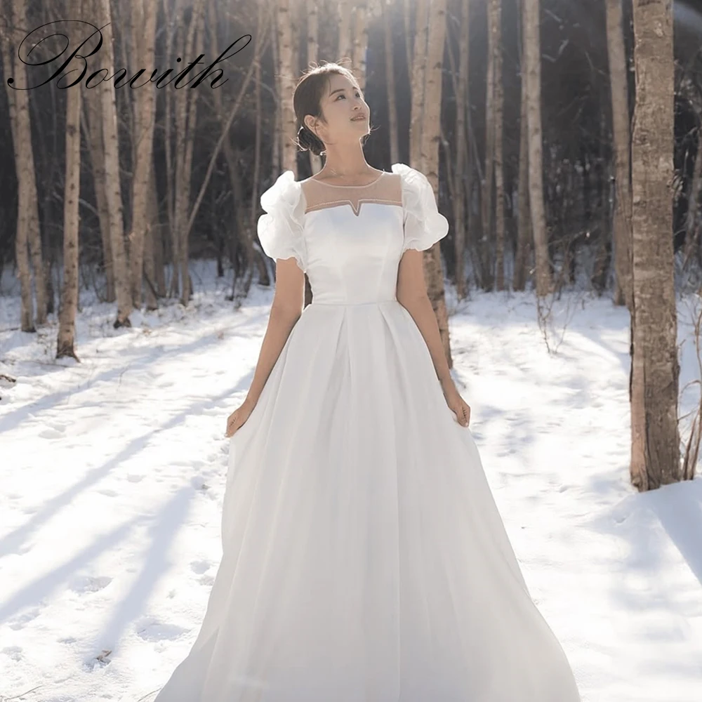 

Bowith Korea A Line Wedding Dress Photo Shoot Short Sleeves Scoop Collar Floor-Length 웨딩드레스 customized Evening Dresses