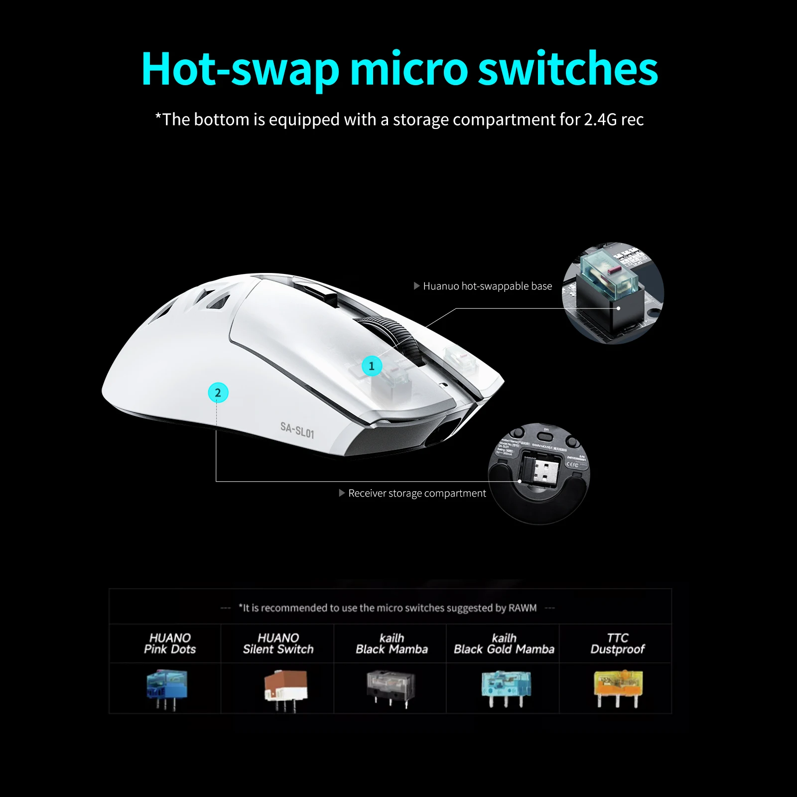 RAWM SL01C Wireless Lightweight Gaming Mouse, 3-Mode Connection, 600mAh Rechargable Battery, 7 Programmable Buttons