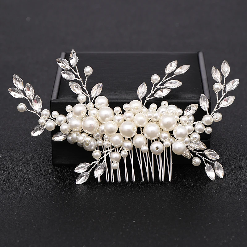 Silver Color Pearl Crystal Wedding Hair Combs Hair Accessories for Bridal Flower Headpiece Women Bride Hair ornaments Jewelry — zdjęcie 5