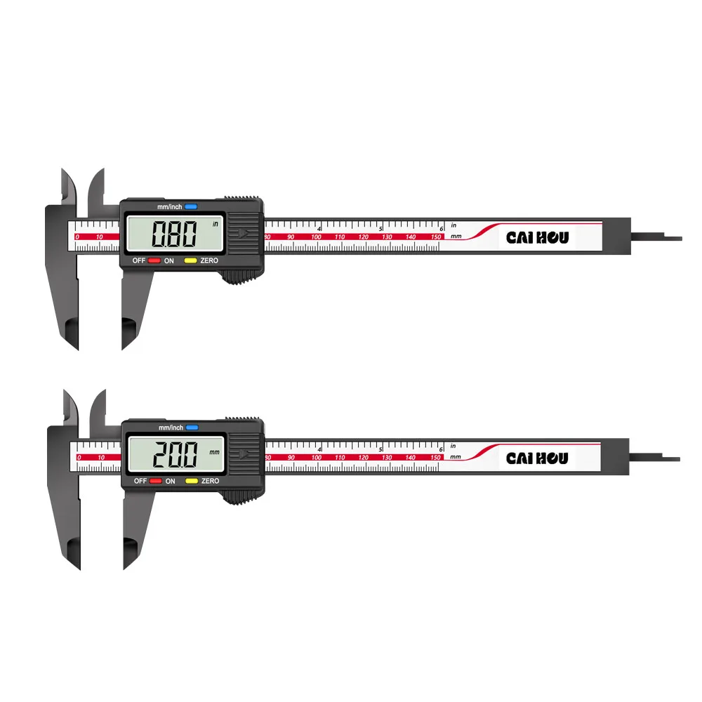 150mmカーボンファイバープラスチックデジタルノギス、LCDスクリーン自動シャットダウン機能付き、インチと正確な測定に使用
