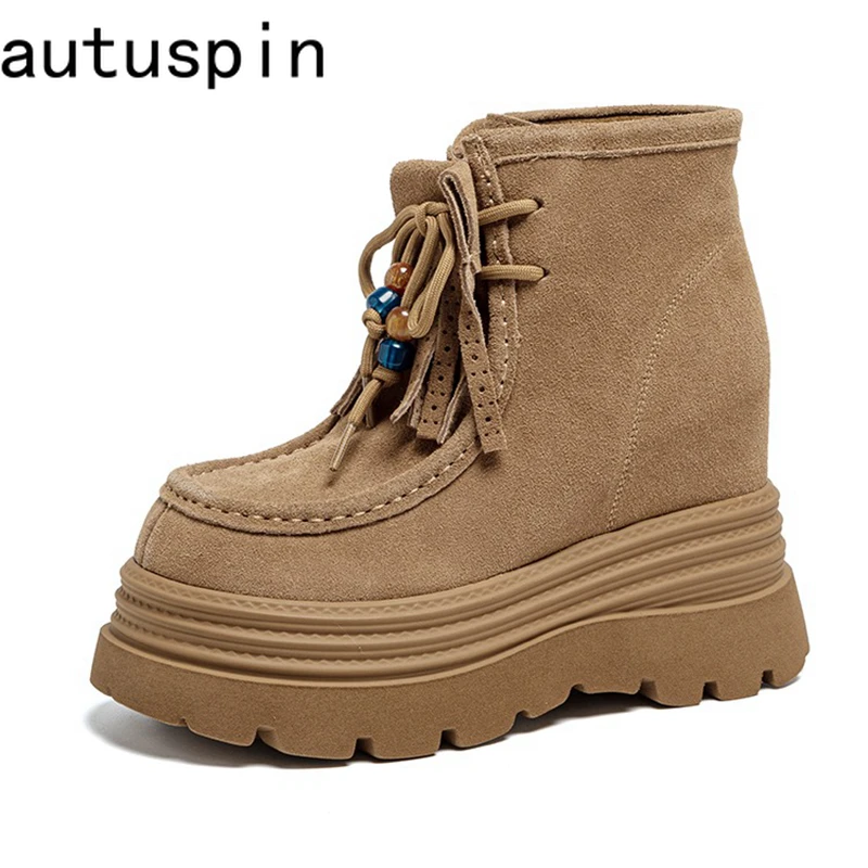 

AUTUSPIN 12cm Womens Platform Ankle Boots Retro Brown Street Style Hidden Wedge Heel Shoes Cow Seude Leather Chunky Botas Woman