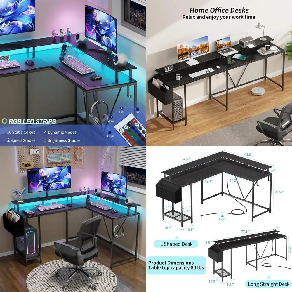 

Игровой L-образный стол 53 дюйма с розетками, LED-подсветкой, полками для хранения и крючками для домашнего офиса или спальни, черный