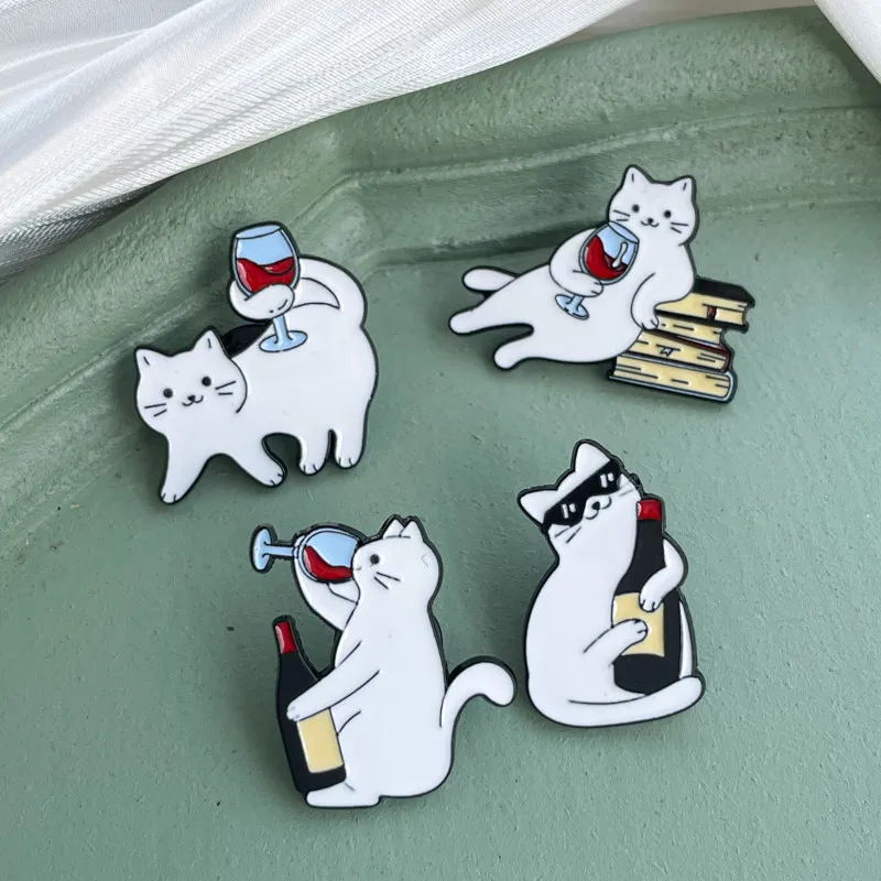 Funny Cartoon Cat Drink Red Wine Enamel Brooch Fashion Cute Kitty Lapel Badge Pins Jewelry Party Gift For Women Girls
