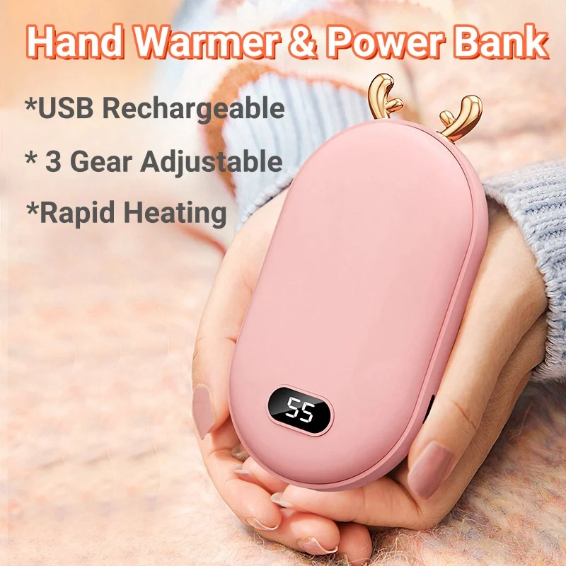 Portable Mini Hand Warmer Power Bank USB Rechargeable 3 Gear Adjustable Rapid&Constant Heating Electric Hand Heaters Winter Gift