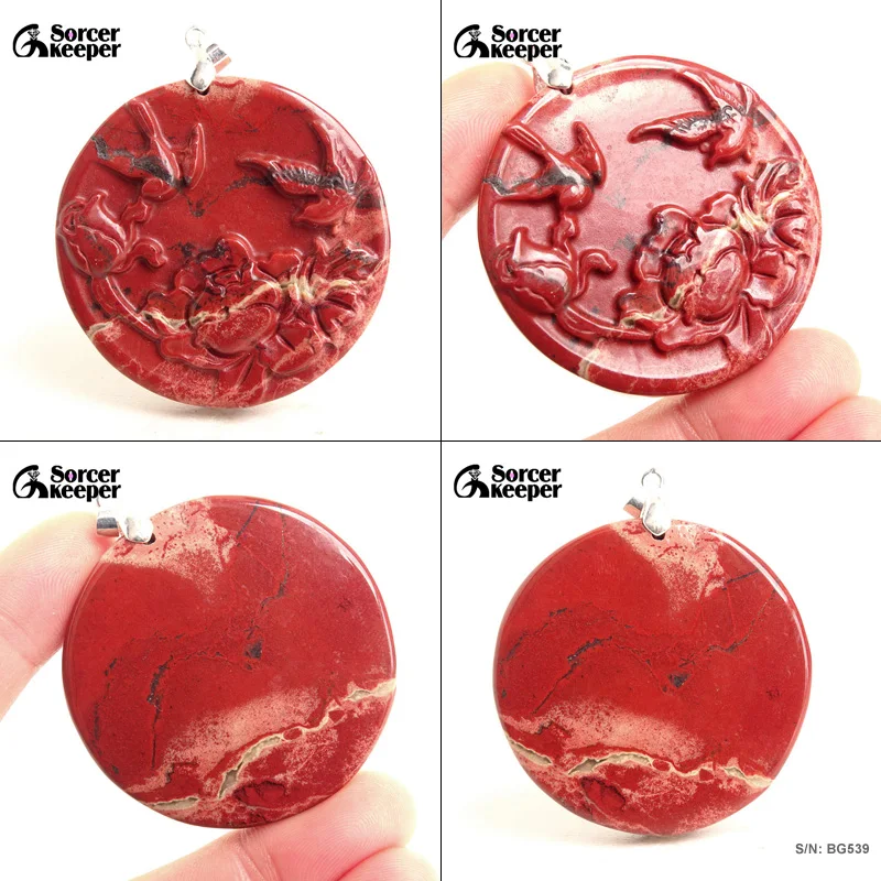 Hand-carved Peony Natural Red jasper Stone Pendant Beads For Women  Sweater Chain Necklace Bloodstone Collar Jewelry BG535