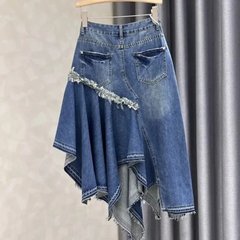 Trendy Fashion Women\'s Patchwork Pleated Denim Skirts 2024 Summer New High Waist  Buttons Pockets Skirt Female