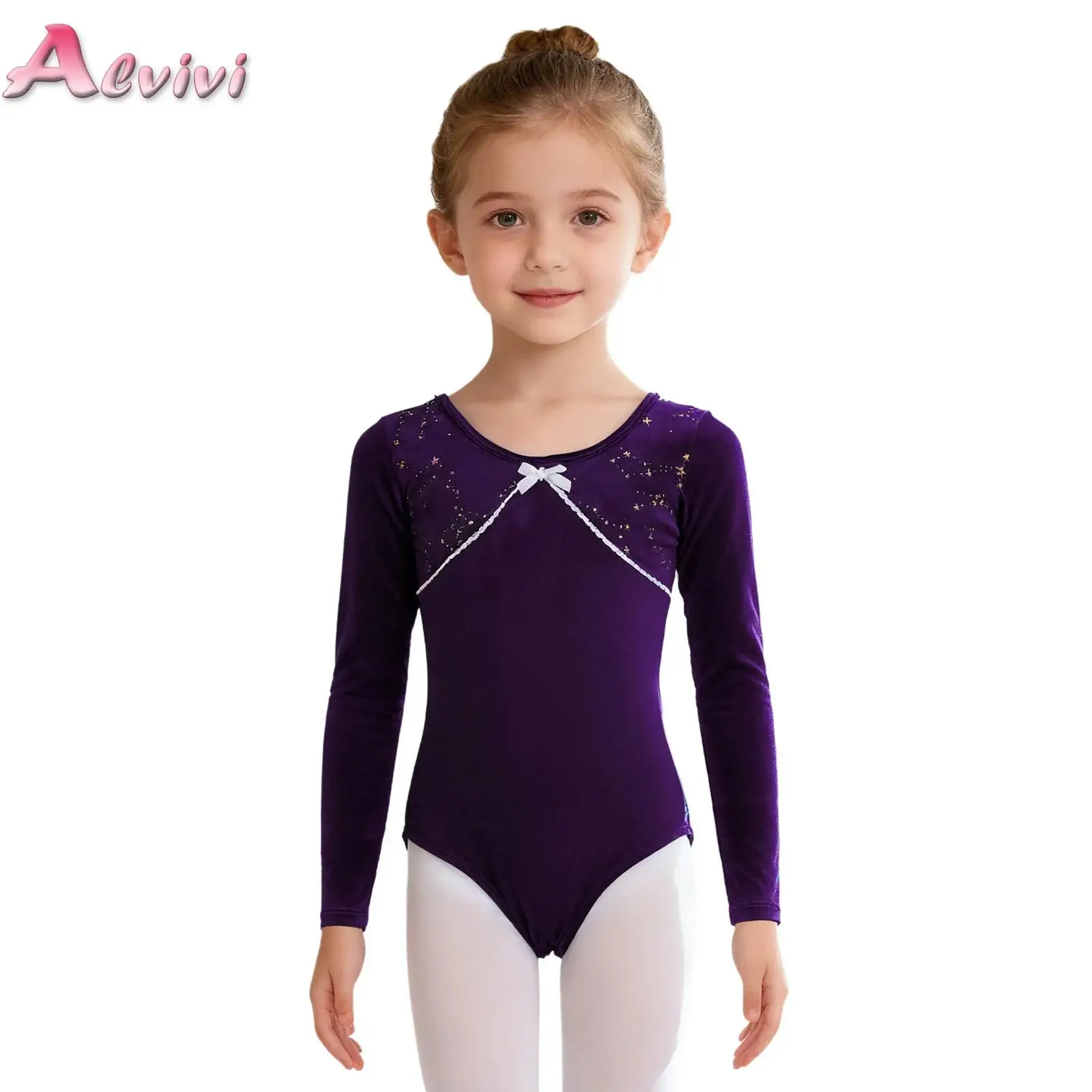 

Kids Girls Long Sleeve Velvet Ballet Leotard Cute Bowknot Lace Trim Leotard Bodysuit for Gymnastics Dance Practice Performance