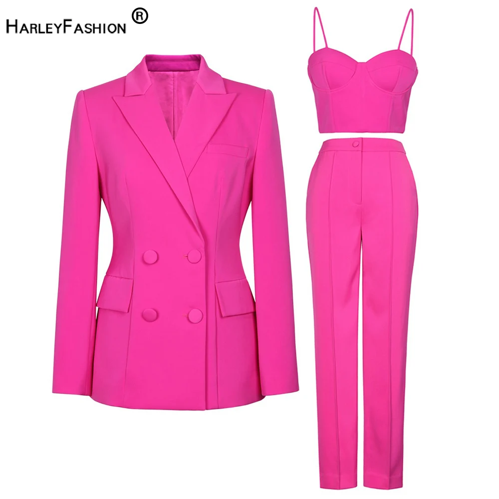 American European Fresh Fuchsia Color 3PCS Blazer Set with Bre Top and Pencil Pants Women Chic Street Bodycon Suits