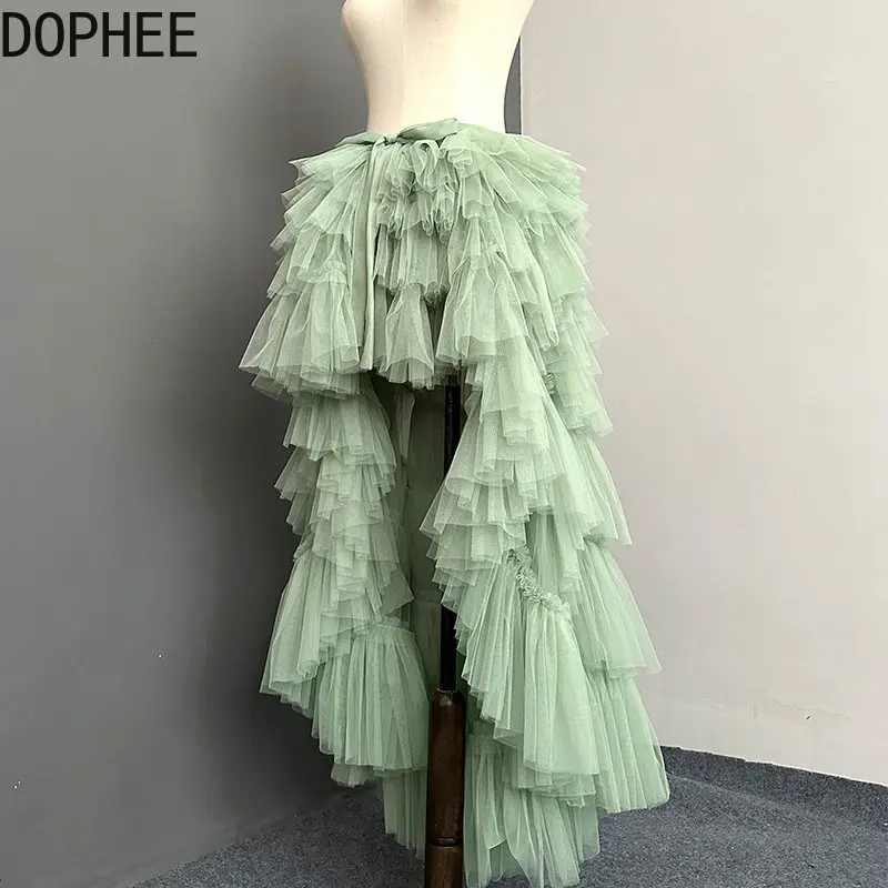 Original Girl Light Green Lace-up Portrait Photography Mesh Fairy Skirt All-match High Waist Irregular Ruffles Puffy Cake Skirts