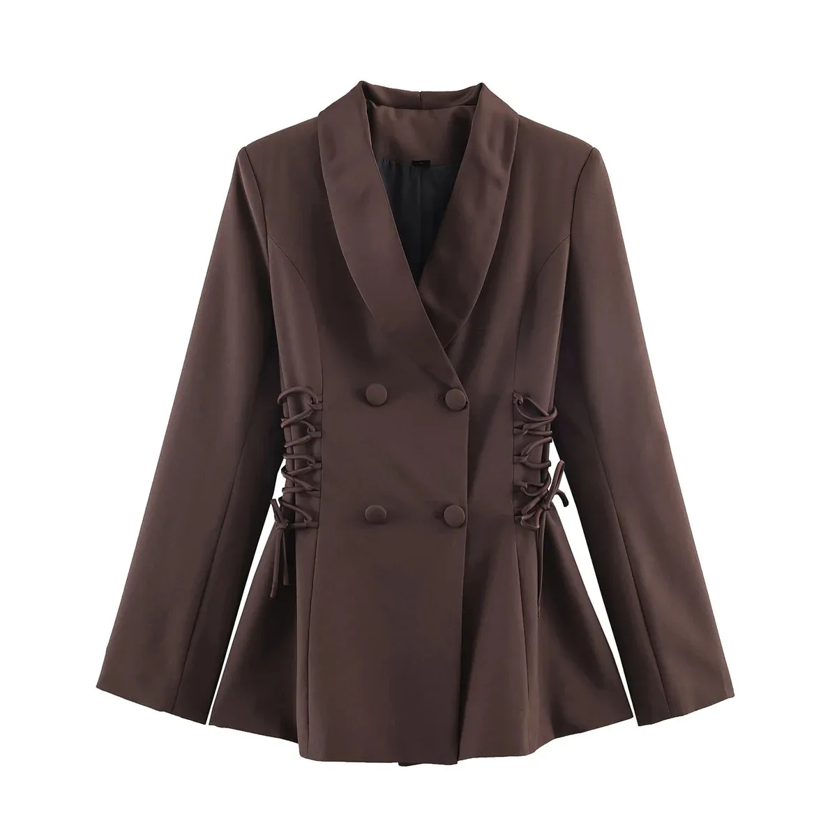 Spring New Arrival Women's Commute Style Double-Breasted Suit Jacket with Bow-Tie Strap Satin Patchwork Long Sleeve Coat