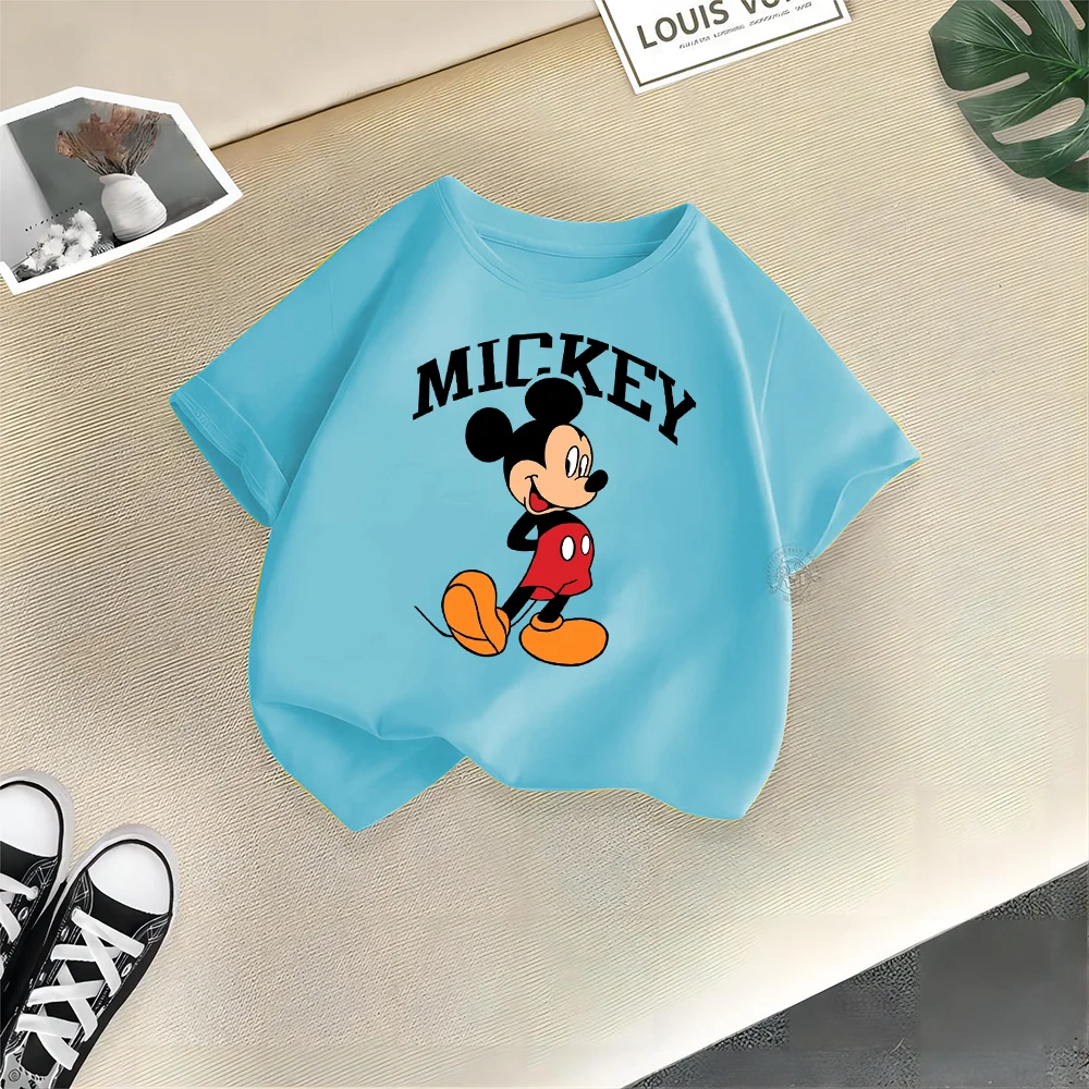 Disney Kids Clothing Summer 100% Cotton T-shirt Mickey Simple fashion printed crew neck T-shirt top Teen boys girls casual T-shi