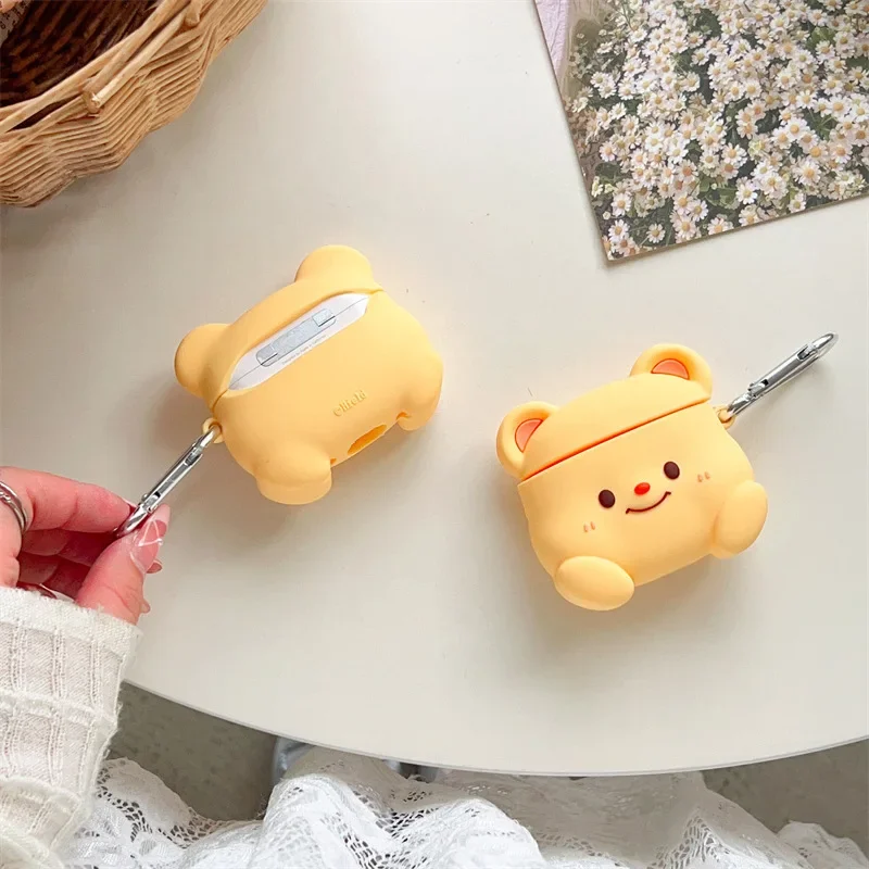 Funda amarilla de oso de dibujos animados para AirPods 4, Airpod 1, 2, 3 Pro Pro2, auriculares Bluetooth, caja de carga, funda protectora para auriculares