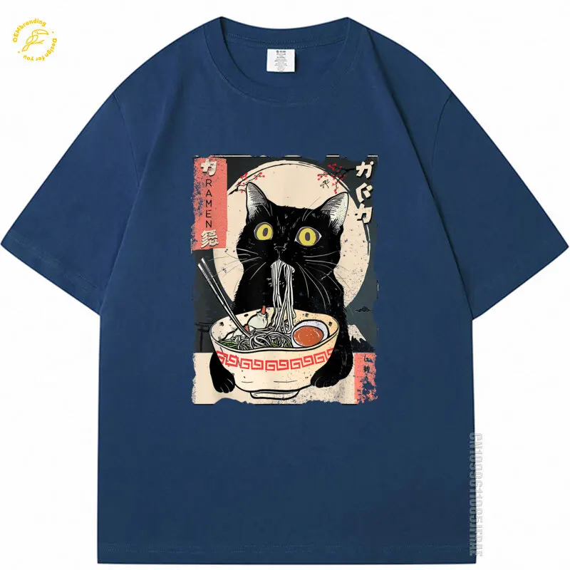

Men Cotton T Shirt Kawaii Cat Eating Ramen Noodles Funny Anime Gift Oversized T-Shirt تيشيرت Футболка Y2K Оверсайз חולצות לגברים