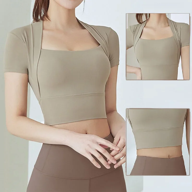 Aiithuug Fake Two-pieces Gym Shirts Right Angle Shoulder Sports Tops Fitness Crop Tops Sexy Yoga Shirts Gym Top Workout Top