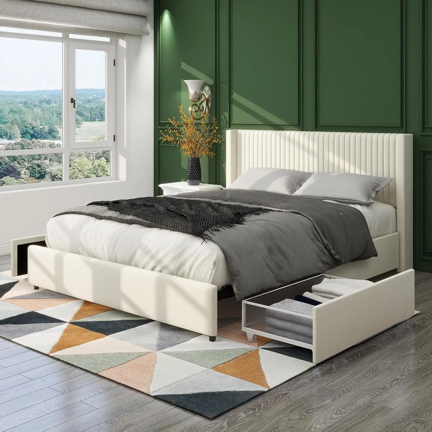 Queen Velvet Upholstered Bed Frame, Platform Bed With 2 Drawers And Adjustable Striped Tufted Headboard, Wood Slat Support, No