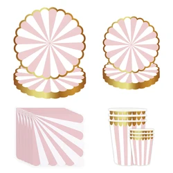 Pink striped gilding Theme Birthday  Decorations Party Disposable Tableware Paper Napkins Cups Plates Tablecloths Straw