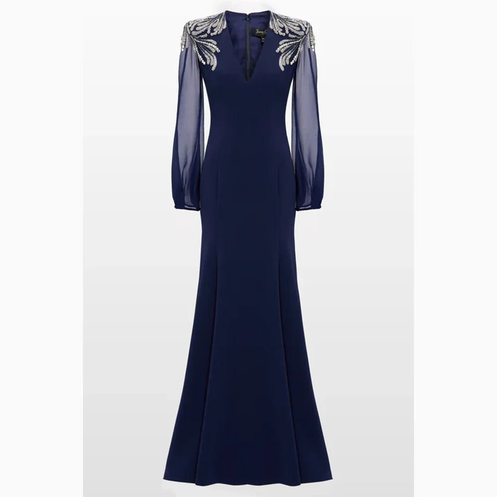 럭셔리 이브닝 드레스 브이넥 긴 소매 비즈 크리스탈 A라인 이브닝 가운 바닥 길이 웨딩 게스트 드레스 맞춤 제작