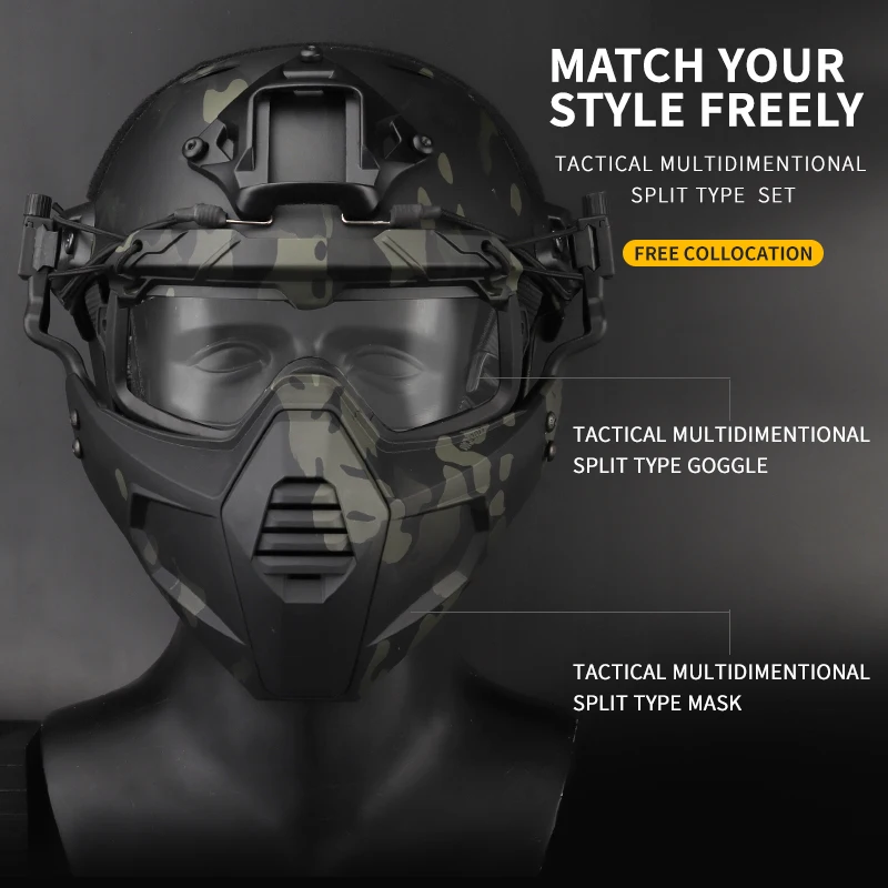 التكتيكية والعتاد سبليت نوع مجموعة وحدات الصيد خوذة نصف قناع الوجه مع نظارات السلامة عدسة ل الألوان Airsoft Cs المناورات #4