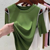Fashion Korean Modal Round Neck Off Shoulder Mid Sleeved T-shirt Women Solid Embroidered Flares Hollow Out Design Sense Slim Top