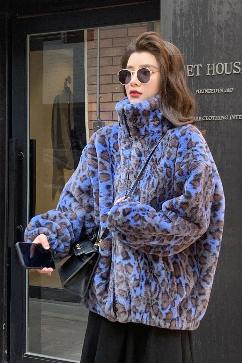 Winter 2023 Korean version loose warm lamb hair plus size short coat female leopard fur plush coat