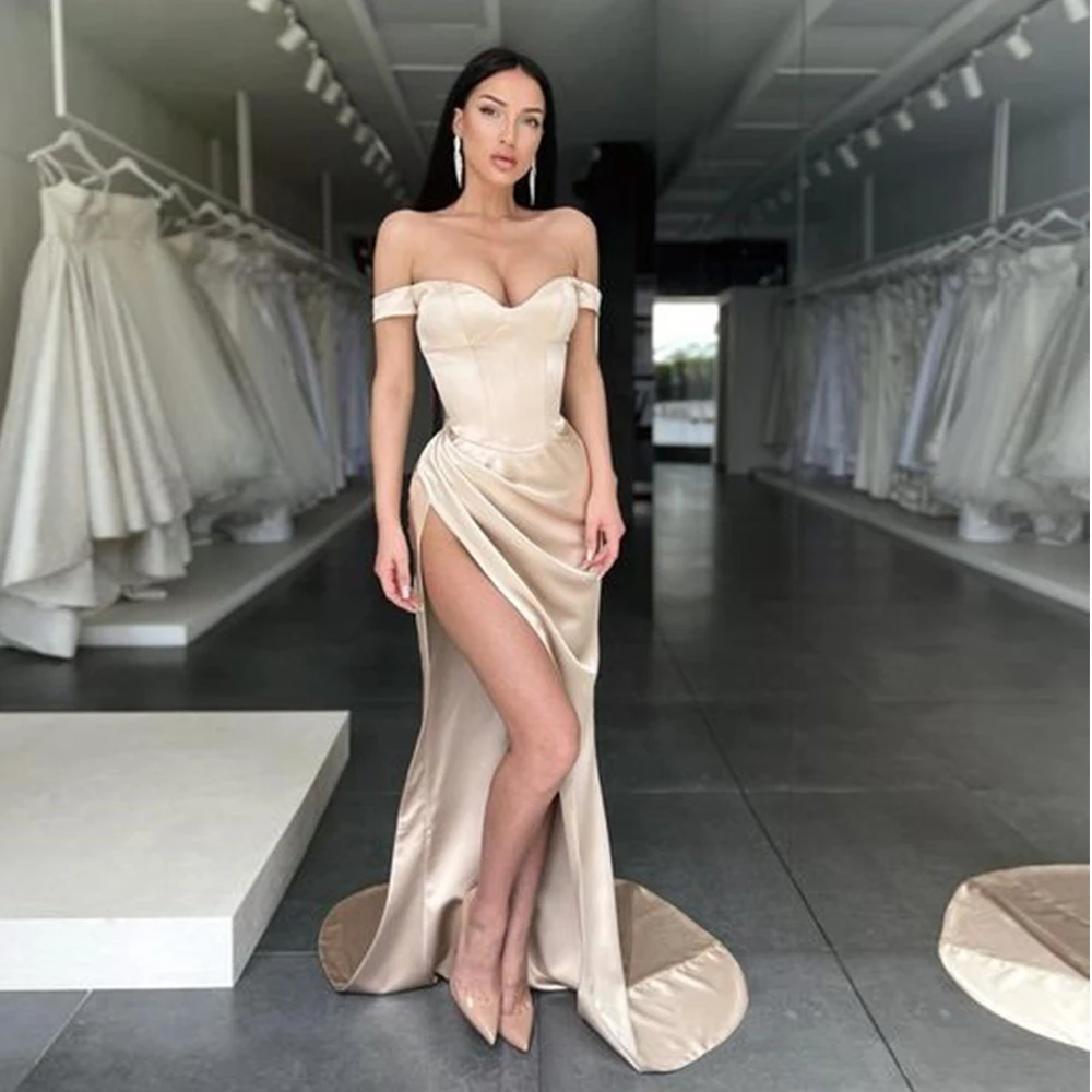 

Champagne Sweetheart Evening Dresses High Slit Asymmetrical Women's Dress 2024 Summer Court Train Prom Gowns Robes De Soirée