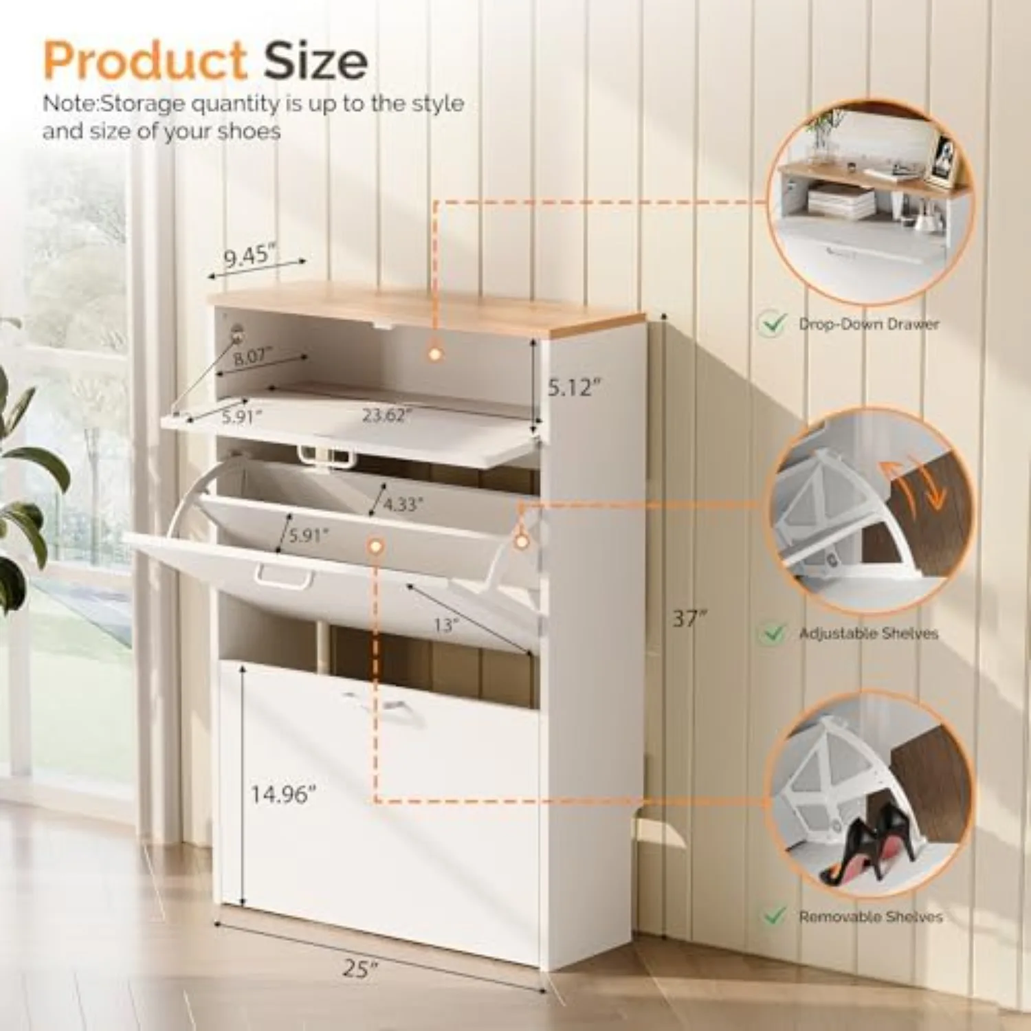 Shoe Cabinet Storage for Entryway,White Small Narrow Shoe Rack,25