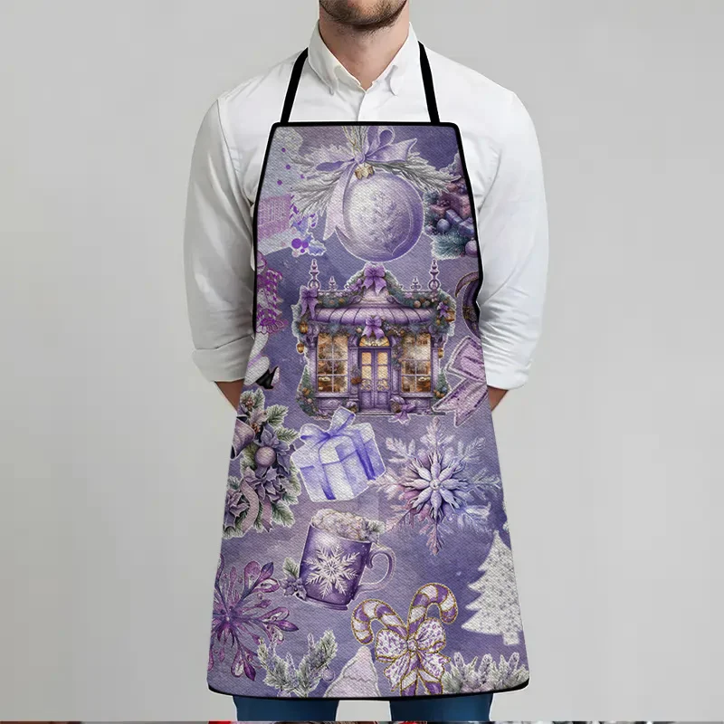 1pc Large 23.62x31.5inch Lilac & Burgundy Christmas Apron with Snowflakes Holly Berries Poinsettia Print - Heavy-Duty Fabric