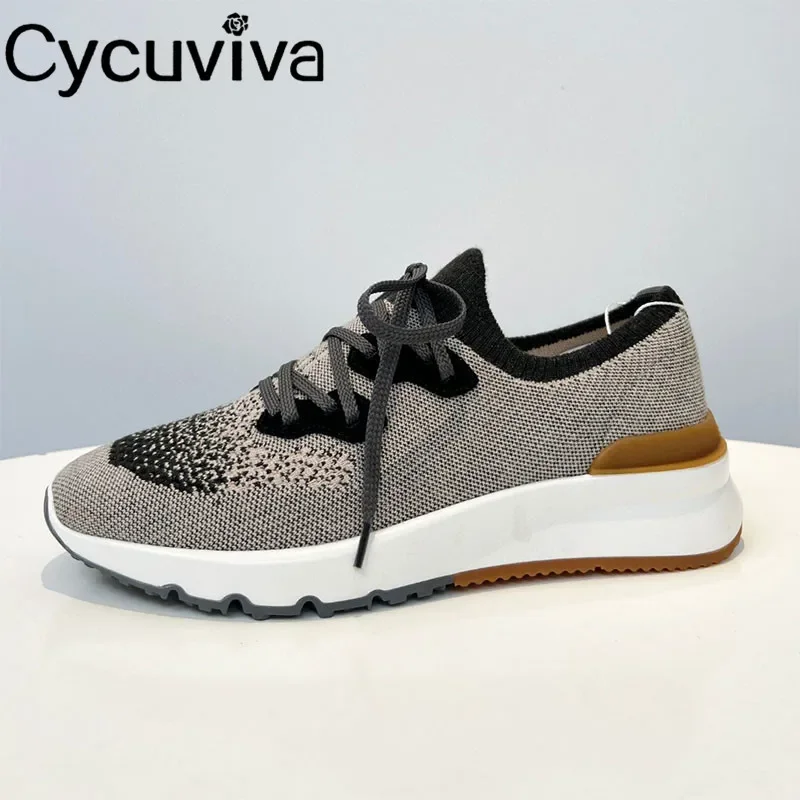 New Hot Sale Knitted Lace Up Flat Shoes Men Thick Sole Breathable Mesh Casual Sneakers Male Autumn Comfort Flat Walk Shoes Men