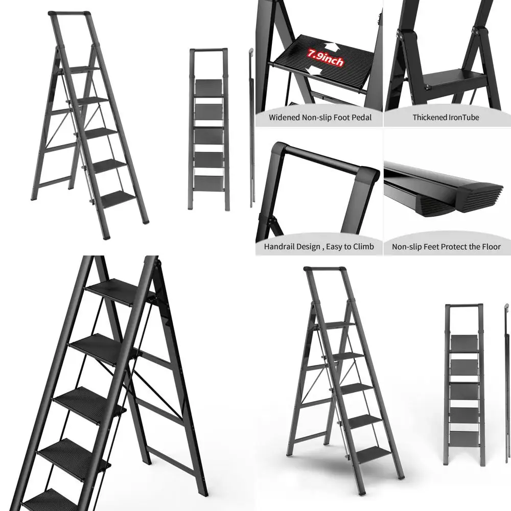 

Compact Folding Ladder - 10ft High Ceiling Reach, Sturdy Anti-Slip Steps, 300 lbs Capacity, Multi-Purpose Black for Home Use