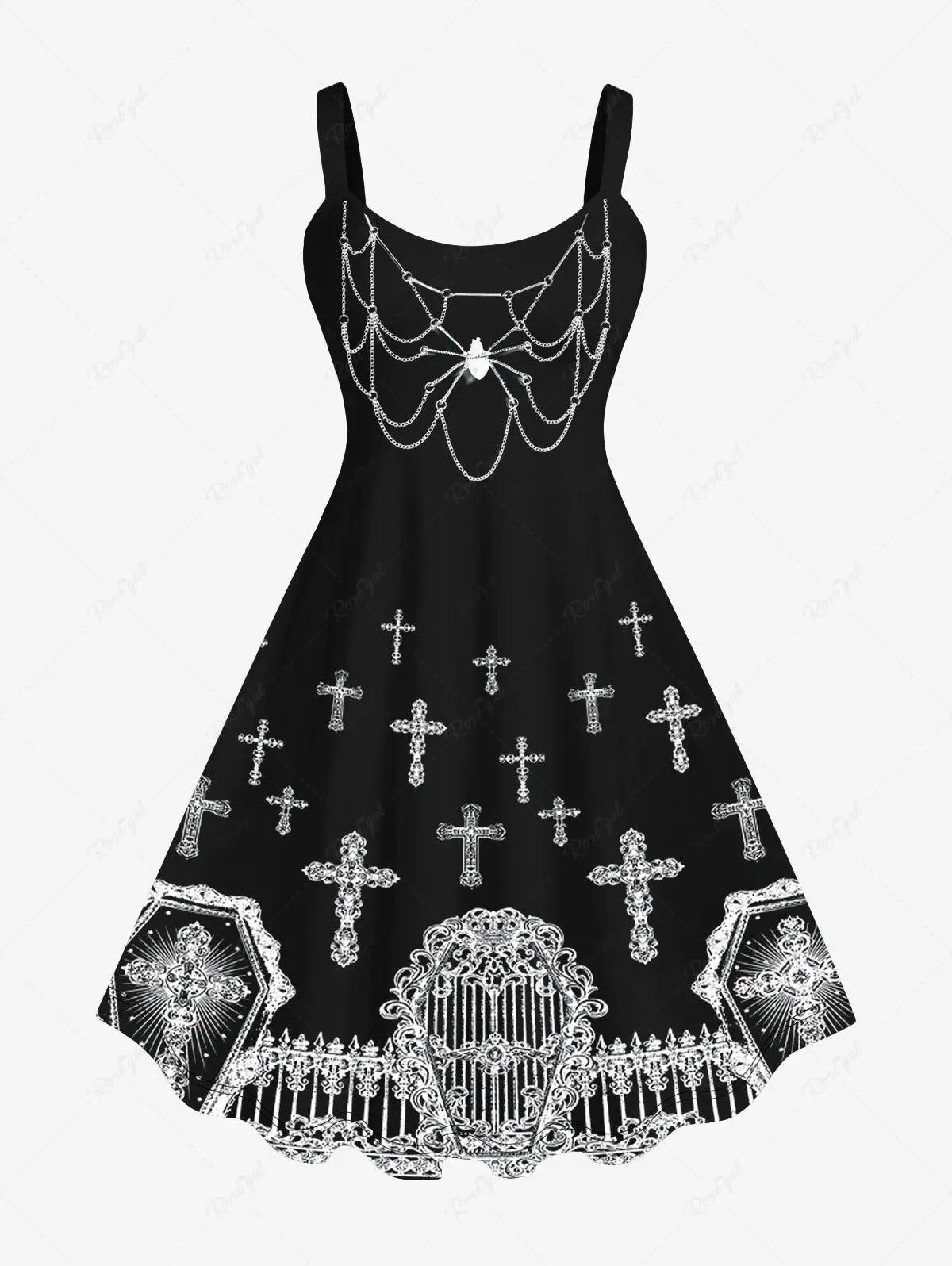 Plus Size Women's Halloween 3D Cross Gate Spider Chain Tassel Print Spring Summer A-Line Daily Casual Backless Cami Tank Dress