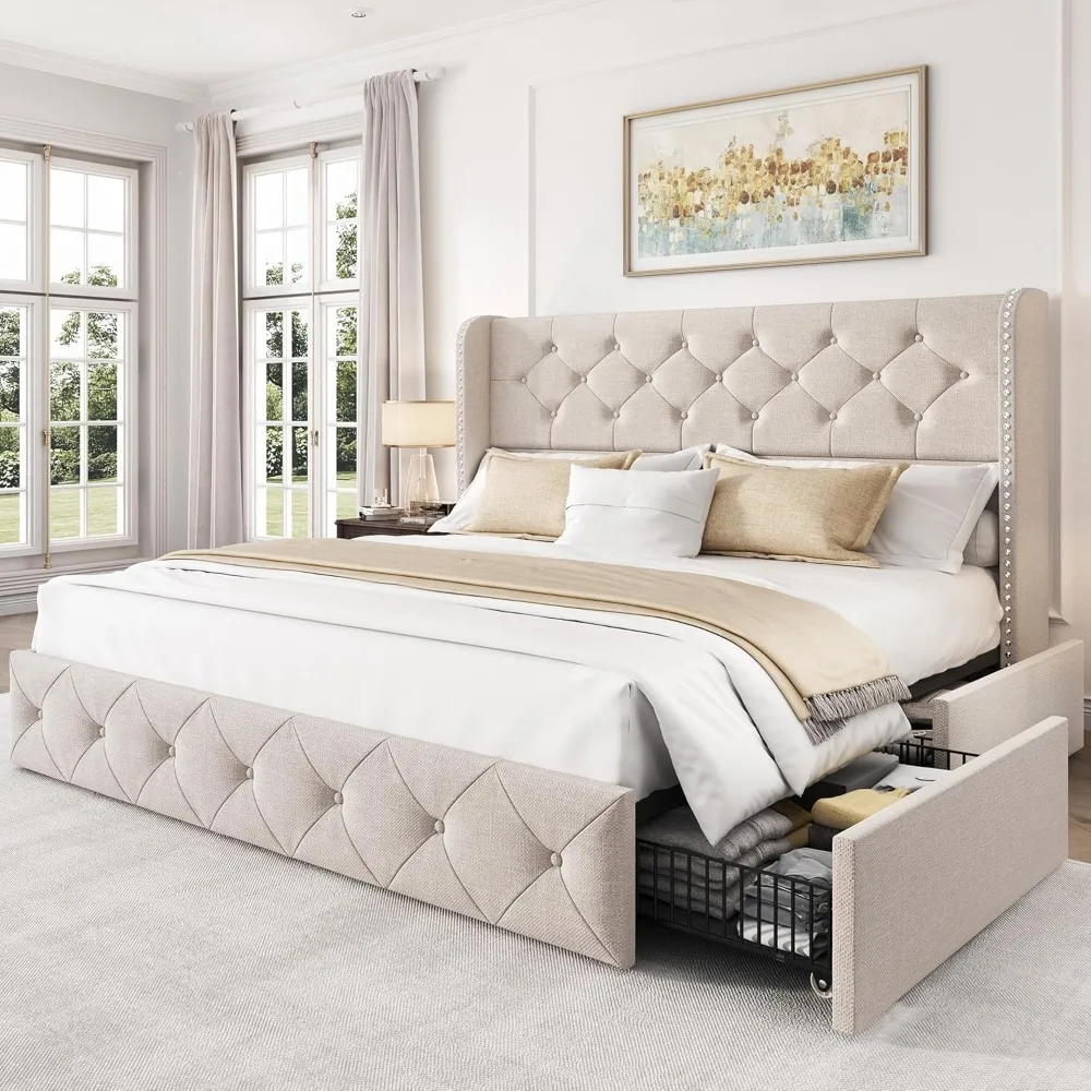 Queen Size Bed Frame with 4 Storage Drawers and Tufted Headboard Linen Upholstered Platform Bed Frame Wingback Beds with