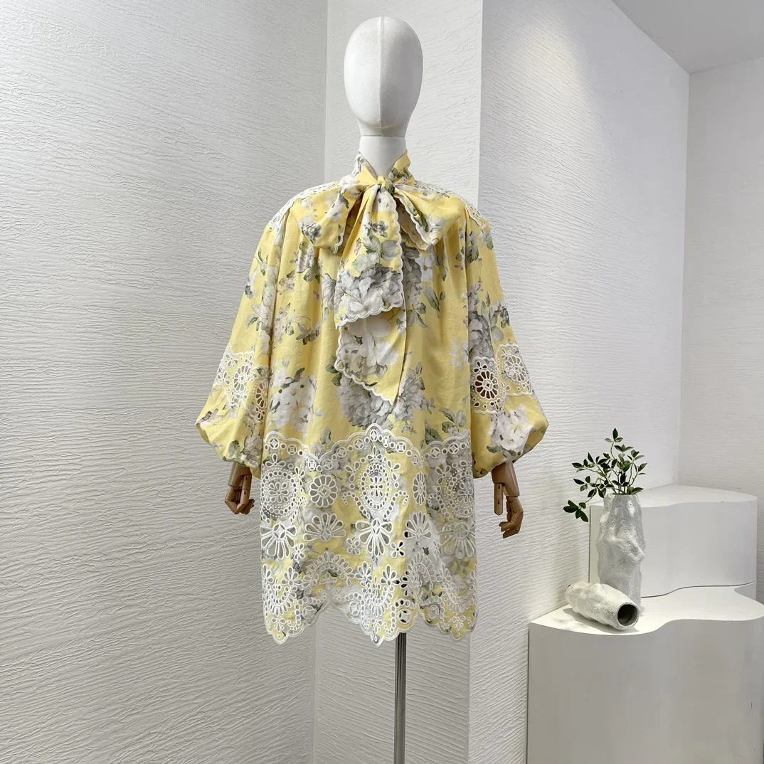 

Bow Lace-up Pure Linen New Design High Quality Yellow Floral Print Hollow Out Lantern Sleeve Embroidery Women Mini Dress