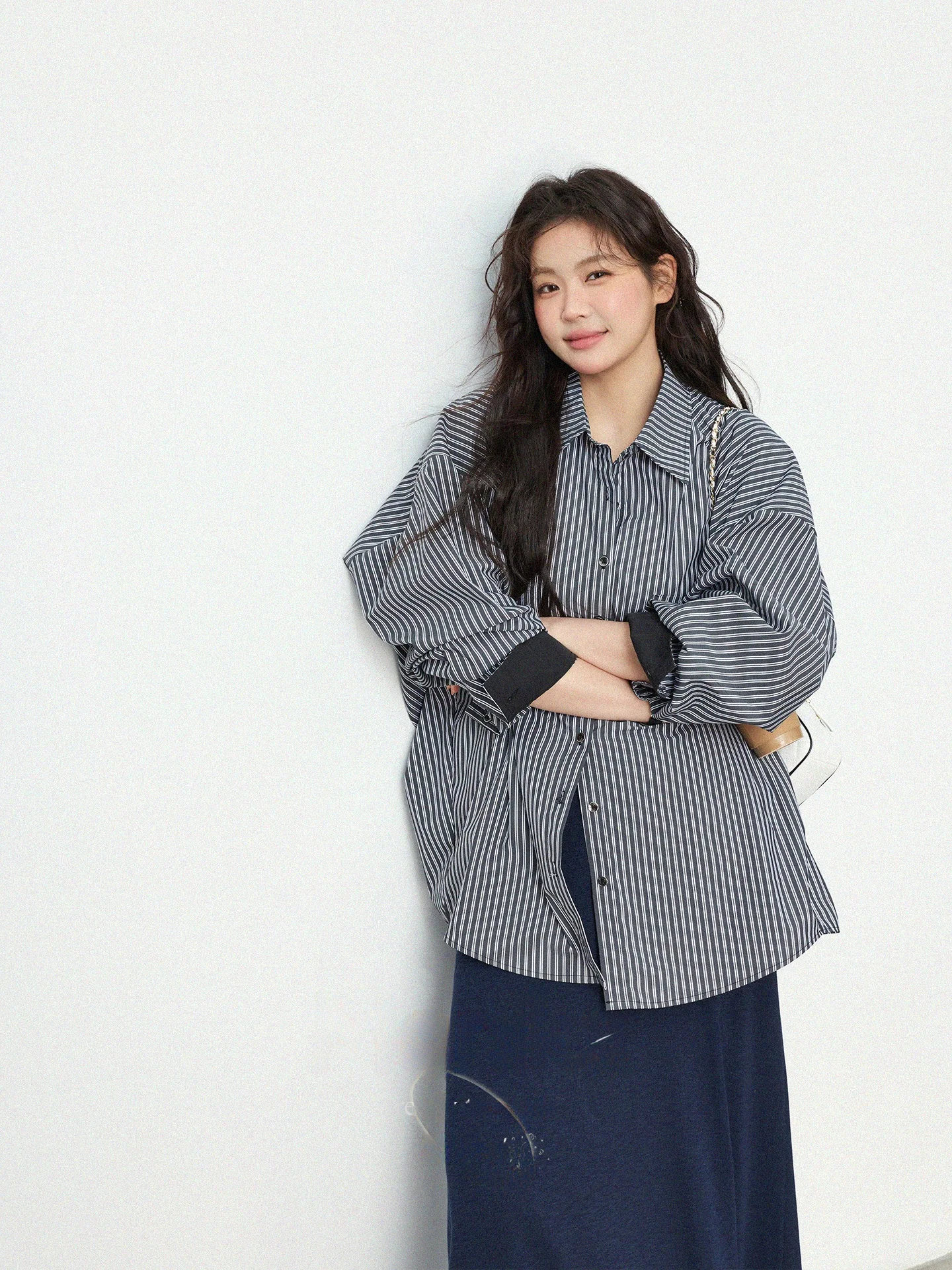 

Loose Fit Long Sve ey Stripe irt Luxury Sle plus Size Women's Design Casual Top Cotton Material Spring Season