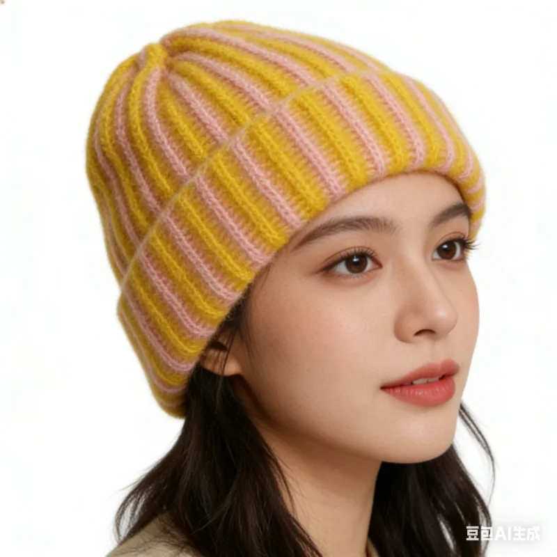 2 PCS Color Block Striped Slouchy Beanie Cozy Turn-Up Brim Knit Hat Men Women Warm Acrylic Winter Skull Cap Unisex Fashion Gift 2