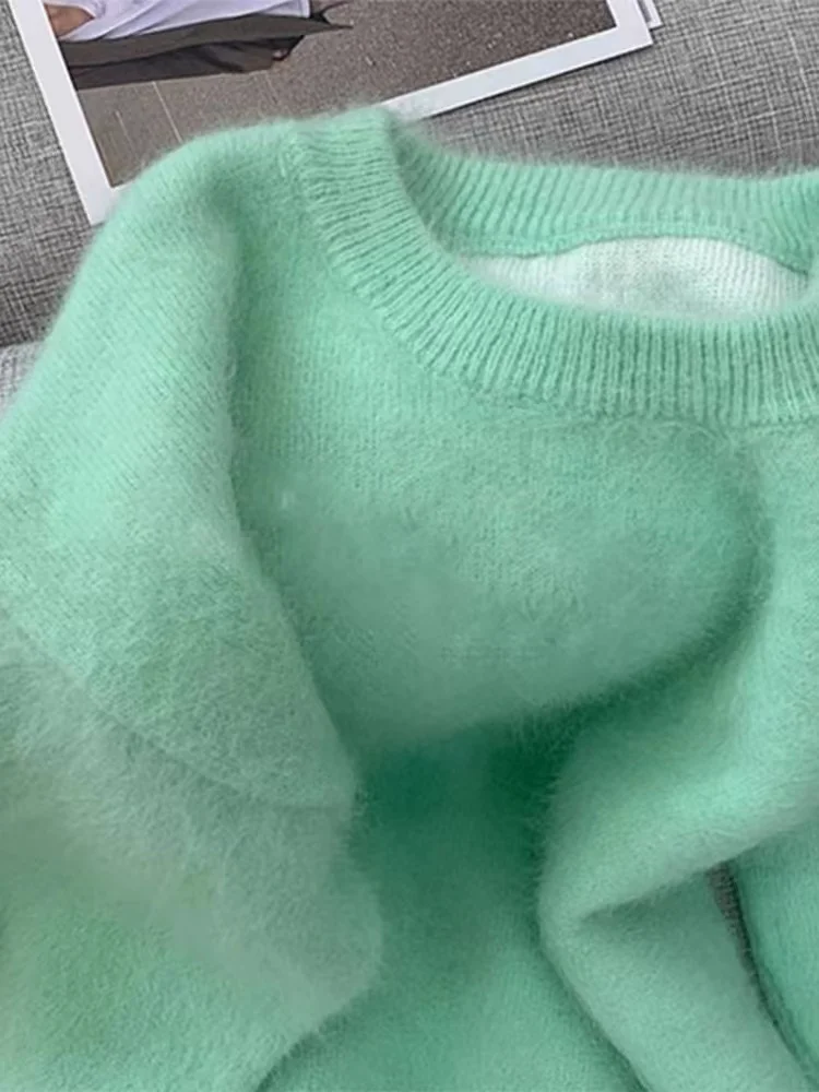 Elegant Women O Neck Soft Mohair Knitted Mint Green Sweaters Chic Autumn Winter Fashion Long Sleeve Warm Loose Female Pullovers