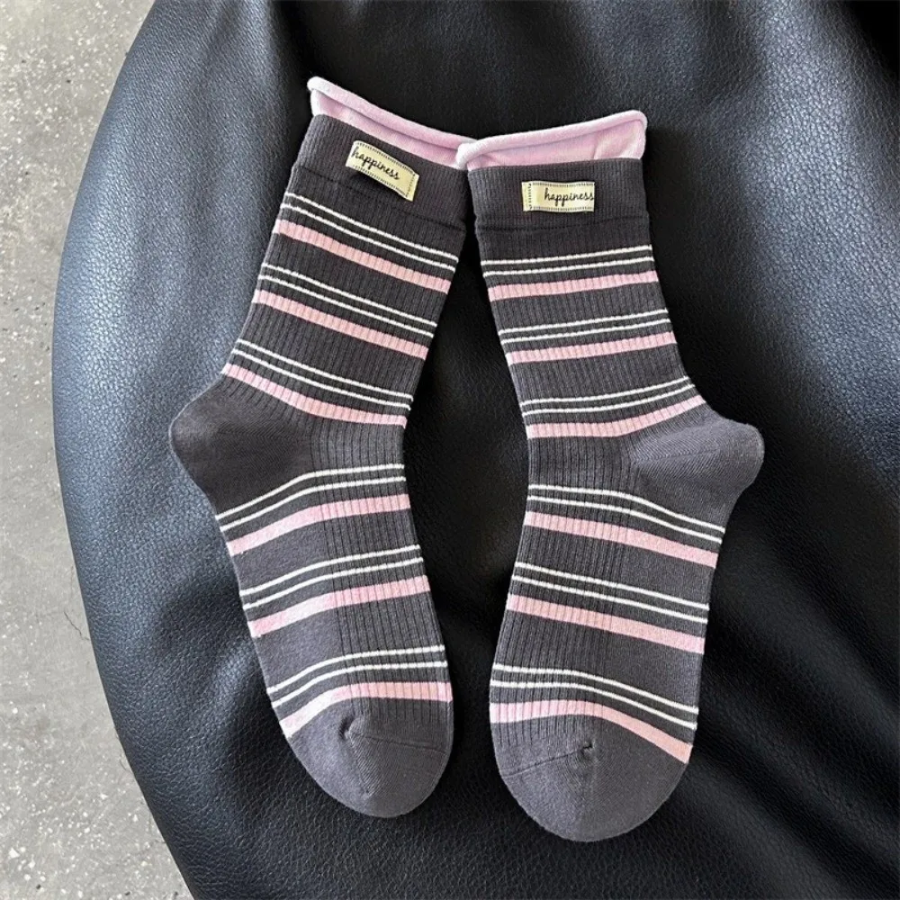 Fake Two-Piece Design Crew Socks Mid-Calf Length Soft Knit Texture Mid-Calf Socks Striped Pattern Stacking Socks Casual Wear