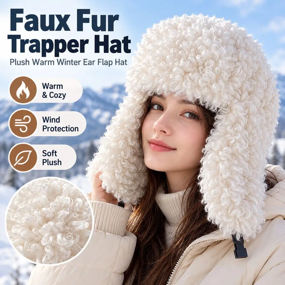 New Fluffy Trapper Hat Faux Lamb Wool Cute Style Faux Fur Hat Warm Soft Winter Ear Flap Hat Outdoor