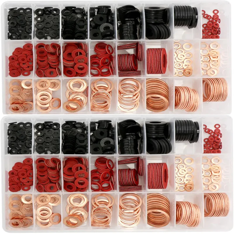 680PCS Copper Washers Nylon Washers Red Paper Fibre Washers Gasket Kit M4/M5/M6/M8/M10/M14/M16 M18 M20 M222For Sump Plugs Washer