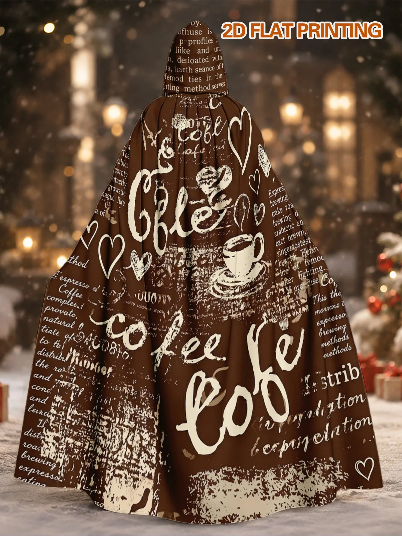 1pc Long Witch Style Hooded Cape with Coffee Love Pattern, Polyester Costume Robe for Halloween Horror Nights and Christmas