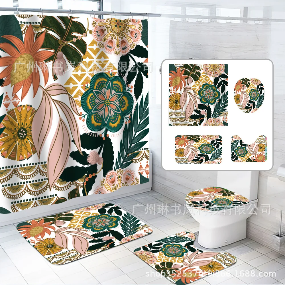 Tropical Leaves Shower Curtain Sets Green Palm Leaf Plants Bathroom Decor Fashion Non-Slip Rug Bath Mats Toilet Lid Cover