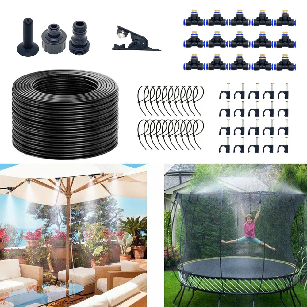 50ft Misting & Drip Irrigation  Plant Garden Watering Hose Spray Kit Outdoor Courtyard Water Mist Nozzle Mist Cooling Fan Cooler