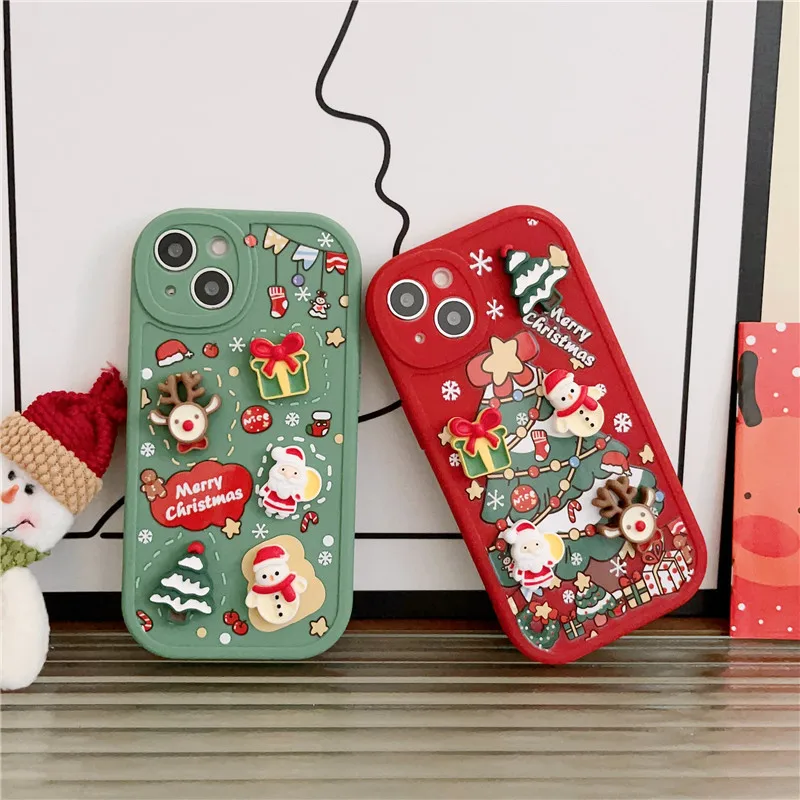 

Cute 3D Cartoon Santa Claus Shell Elk Snowman Christmas Tree Phone Case For iPhone 15 14 Pro Max 13 12 11 X XS XR 7 8 Plus Cover