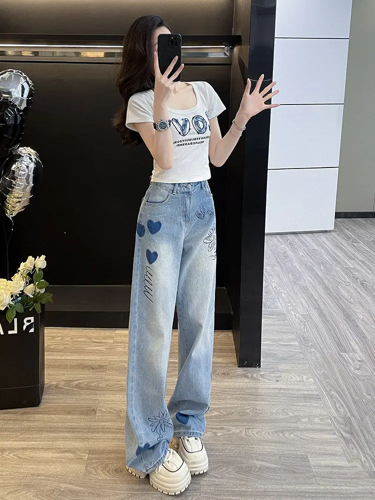 

Summer Short Sleeve T-Shirt And Jeans Casual Set Women's Fashionable Two-Piece Suit Salt Or Sweet Style Camel Brand Q08 Model