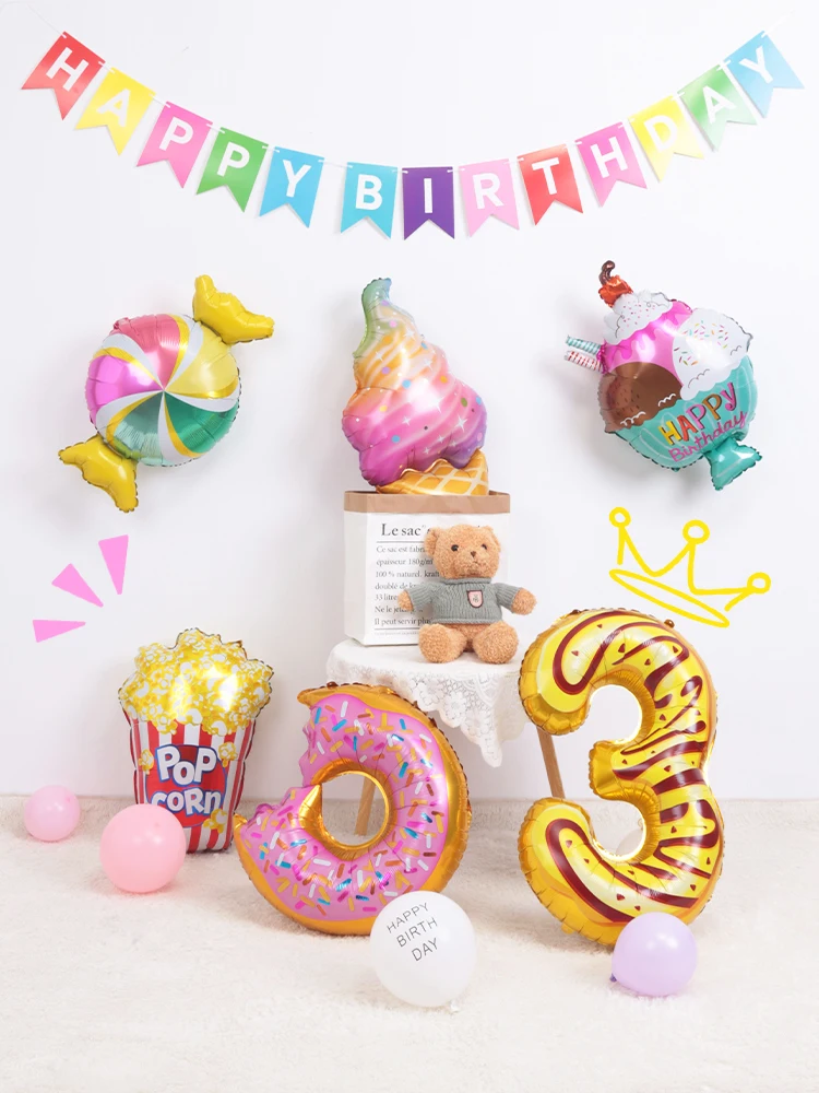 Cute Burger Donut Foil Balloon Colored Candy Ice Cream Popcorn, Helium Aluminum Balloon, Kids Baby Shower, Birthday Party Decors