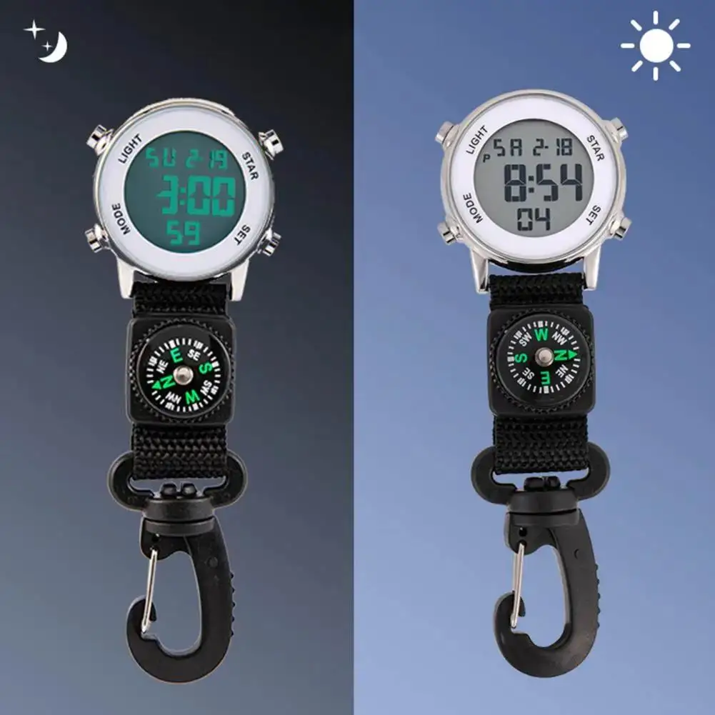 유니섹스 스테인리스 스틸 컴퍼스 디지털 포브 시계 스포츠 클라이밍 시계 야외 알람 스톱워치 클립온 간호사 시계
