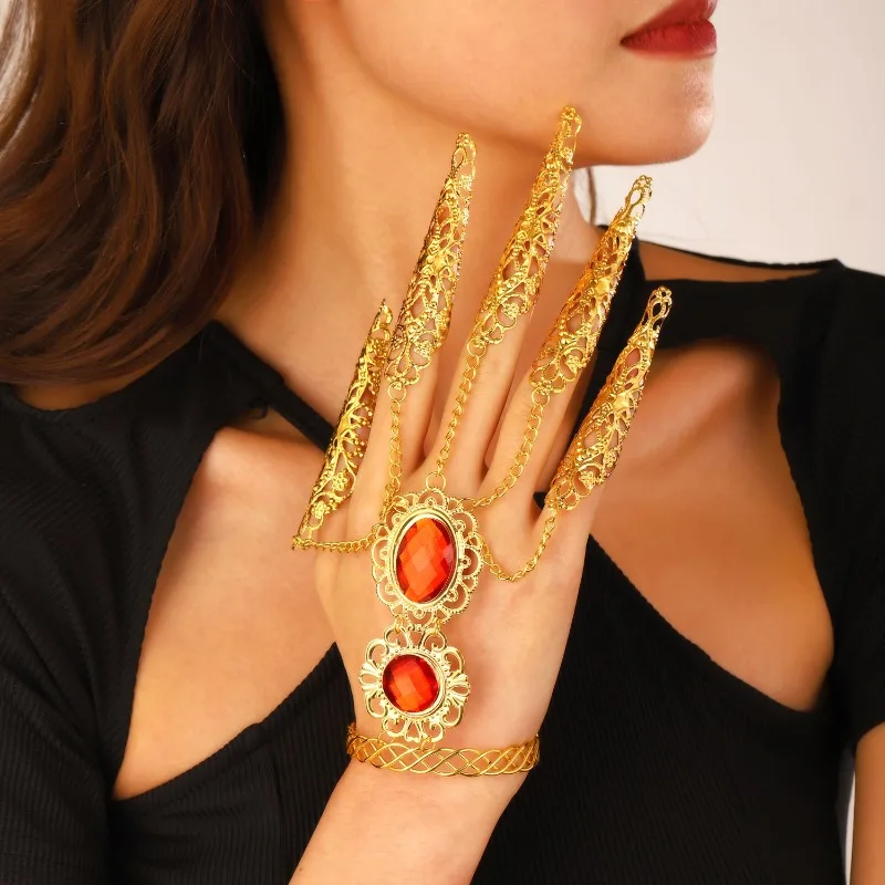 WANZHI New Thousand-Hand Guanyin Finger Rings Golden Long Nail Gemstone Jewellry Belly Dance Props Indian Dancer Accessories